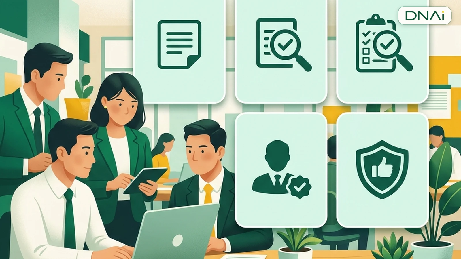 Nhóm nhân sự SME cùng các thẻ kiểm tra và phê duyệt công việc sau cuộc họp
