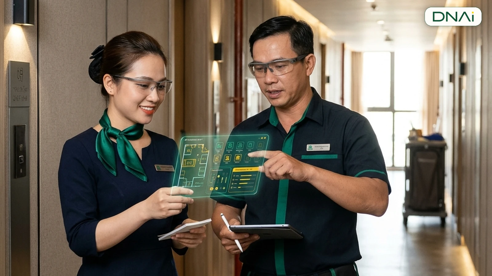 Nhân sự khách sạn kiểm tra bảng bàn giao ca với giao diện AR