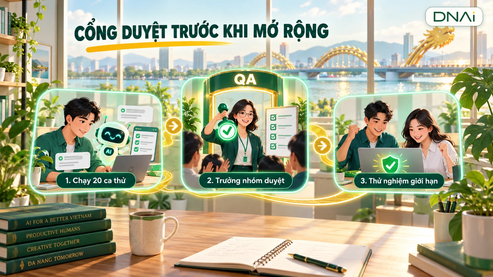Luồng đối chiếu nguồn, chặn lỗi và duyệt thử nghiệm trợ lý AI nội bộ