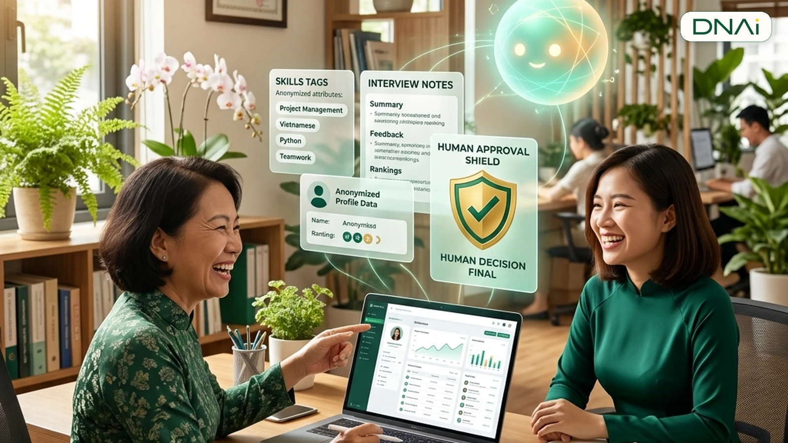 Hai chuyên viên HR đối chiếu thẻ kỹ năng và cổng phê duyệt trong quy trình AI