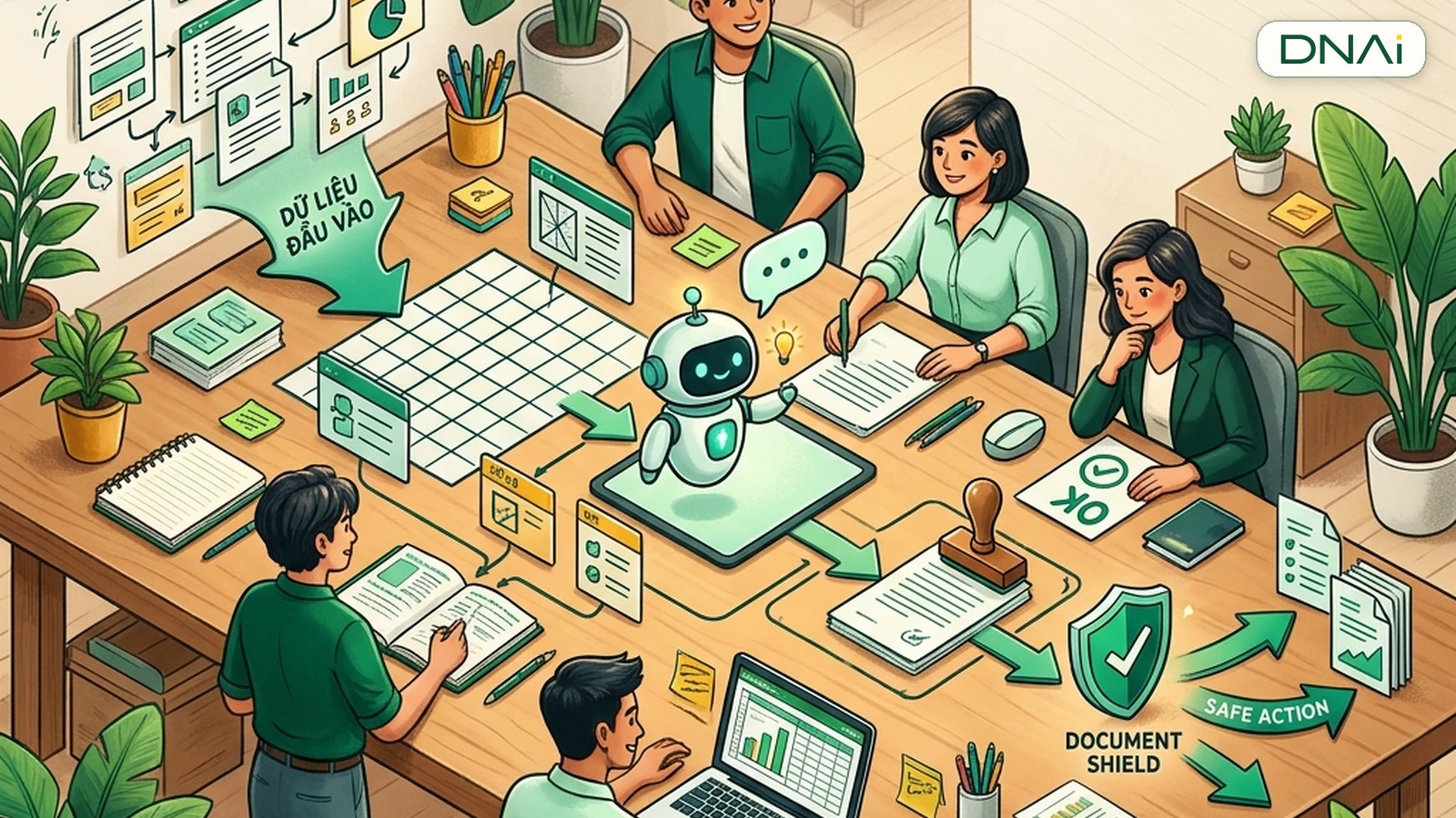 Bản đồ workshop AI nội bộ với dữ liệu, quy tắc, mô hình và cổng phê duyệt
