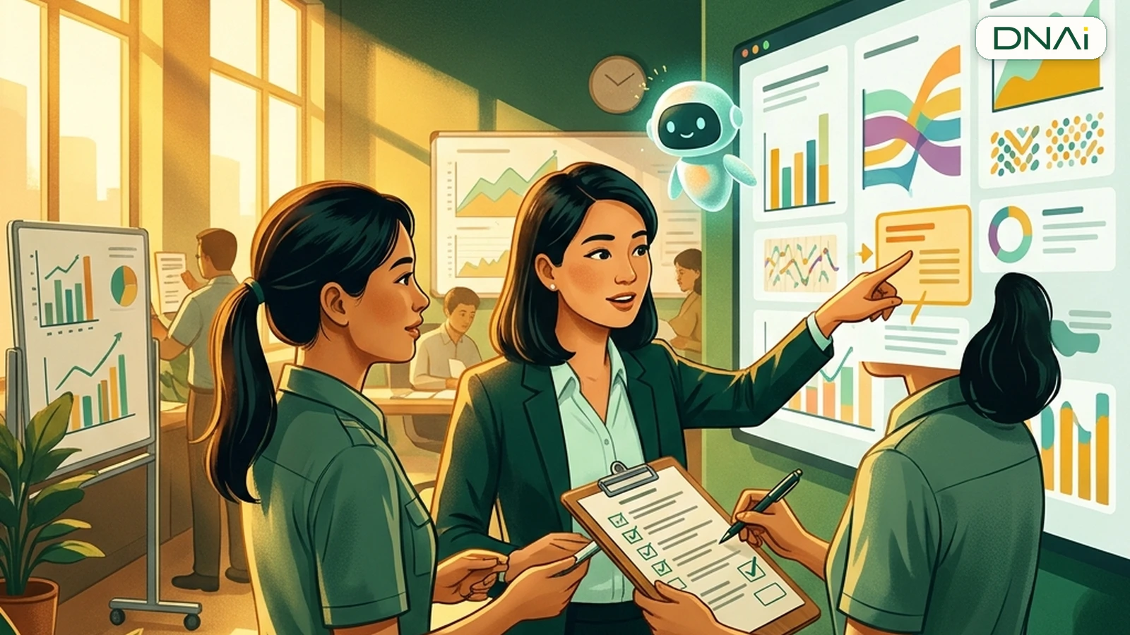 Quản lý và trưởng ca kiểm tra dashboard cùng checklist trước khi xác nhận bàn giao