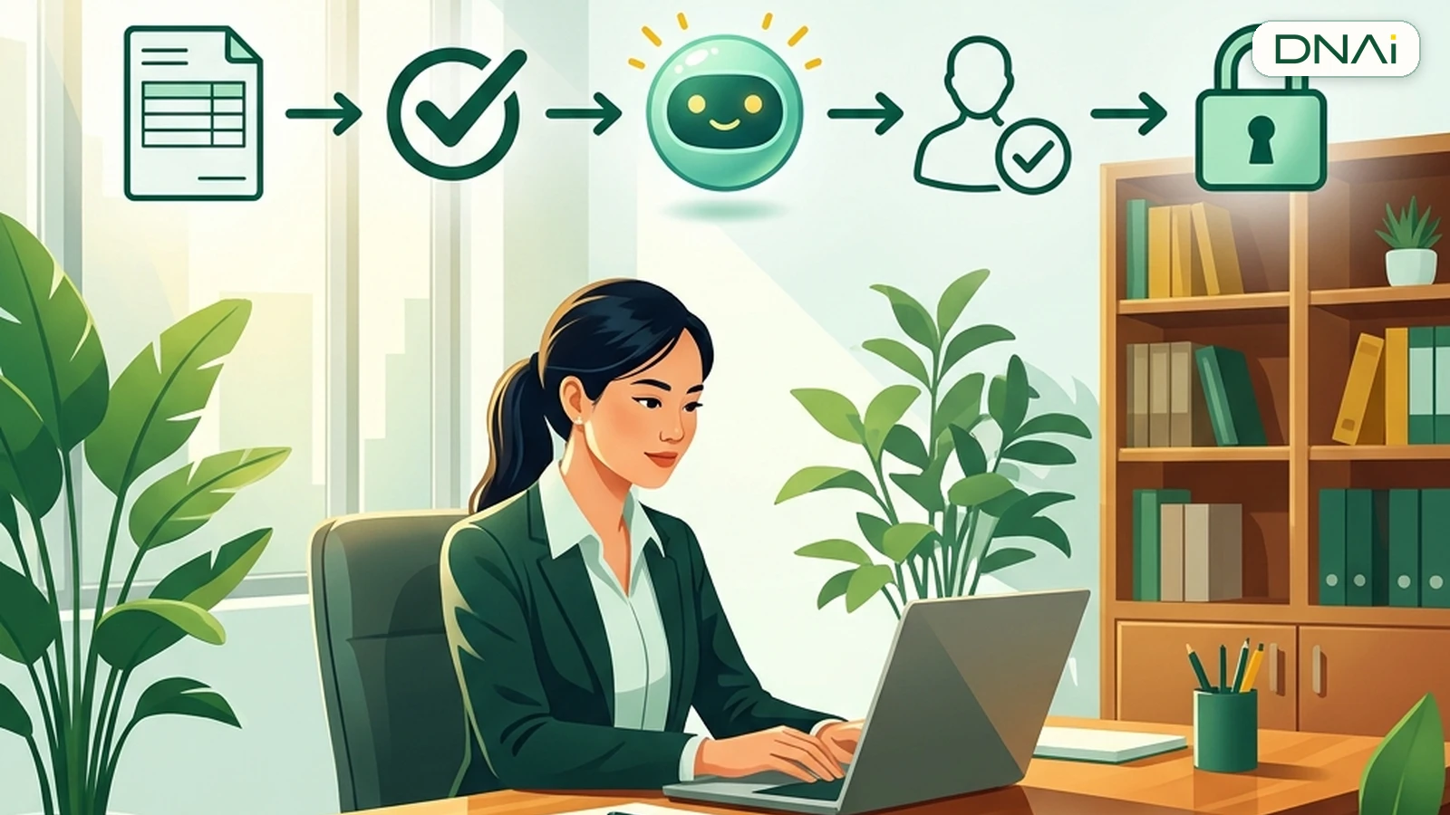 Minh họa luồng duyệt chi phí với biểu mẫu, lớp kiểm tra và người quản lý duyệt