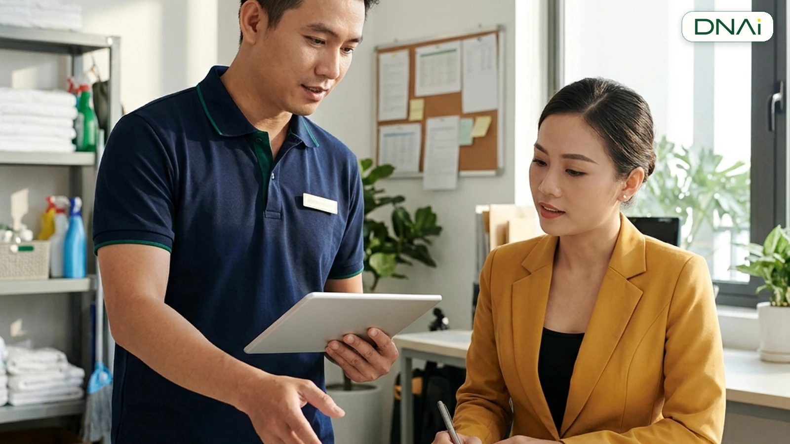 Nhân sự khách sạn rà soát phiếu bảo trì bằng máy tính bảng trong không gian thật
